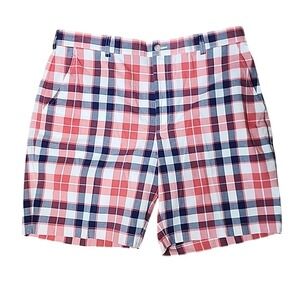 Jos A Bank Stays Cool Mens Shorts 38‎ Red White Blue Plaid Flat Front Chino Prep
